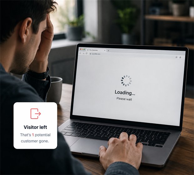 A frustrated business owner watching a slow website load